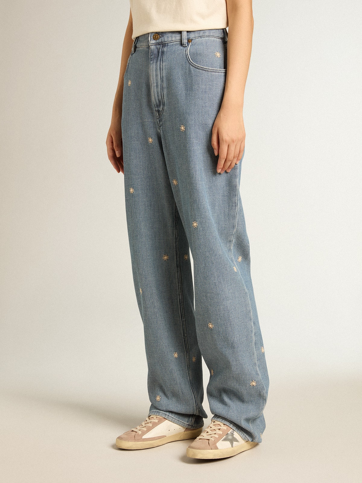 Women's cotton denim pants with floral embroidery| Golden Goose
