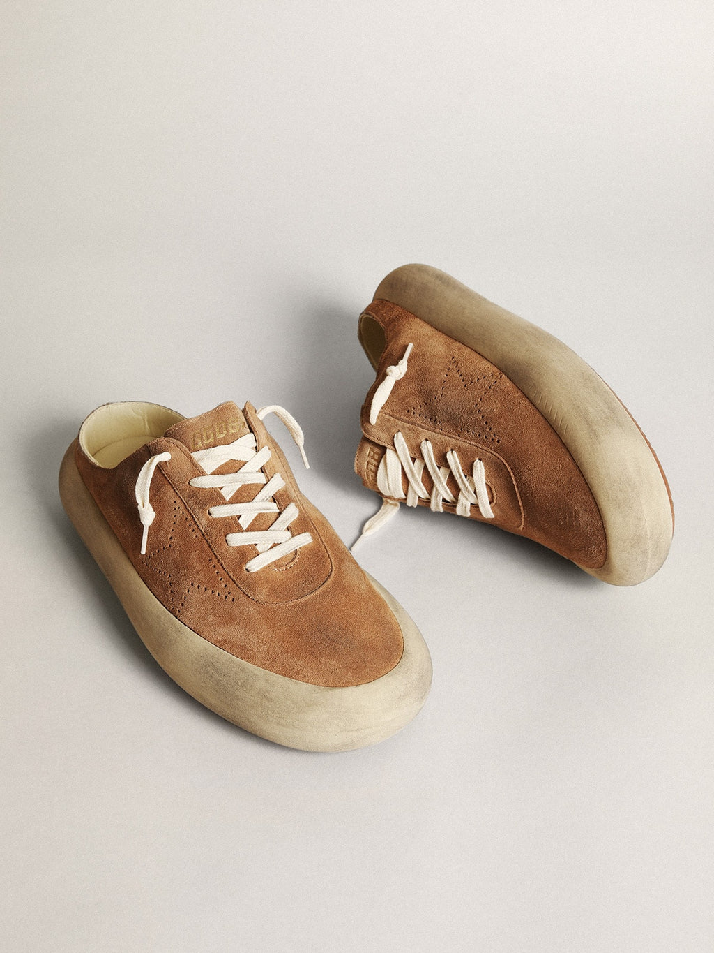 Men's Space-Star Sabots in tobacco suede with perforated star| Golden Goose