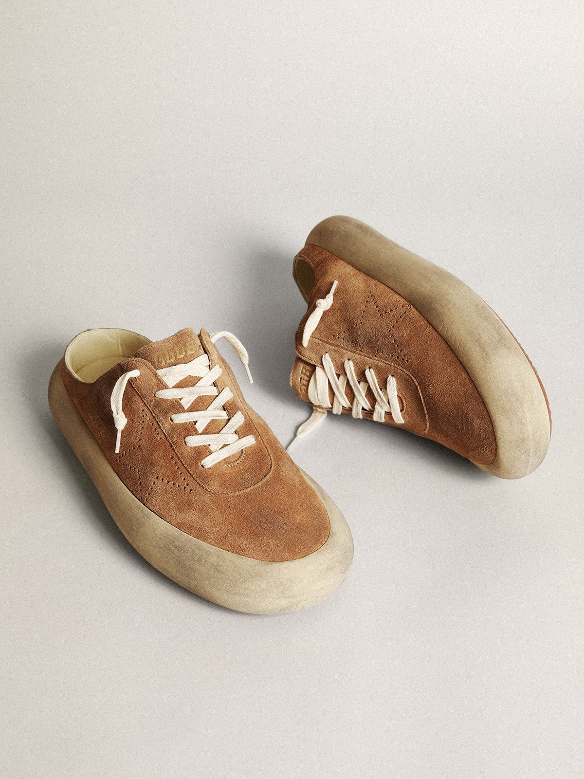 Men's Space-Star Sabots in tobacco suede with perforated star| Golden Goose