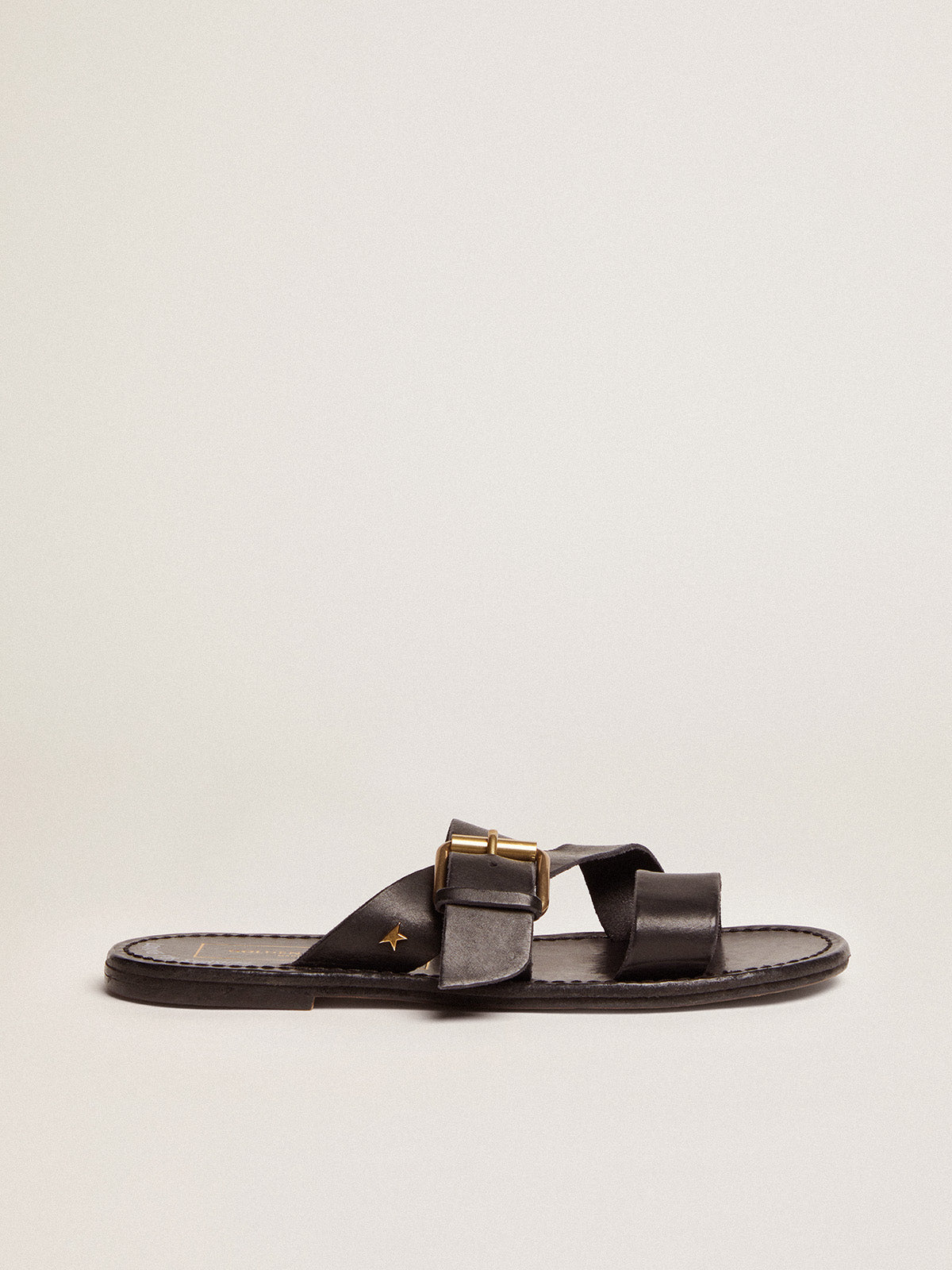 Black leather flat sandals with buckle Margaret| Golden Goose