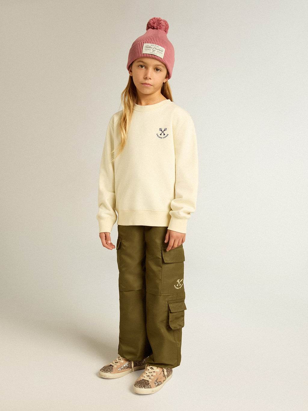 Girls' T-shirt in worn white with embroidery on the front and print on the back| Golden Goose