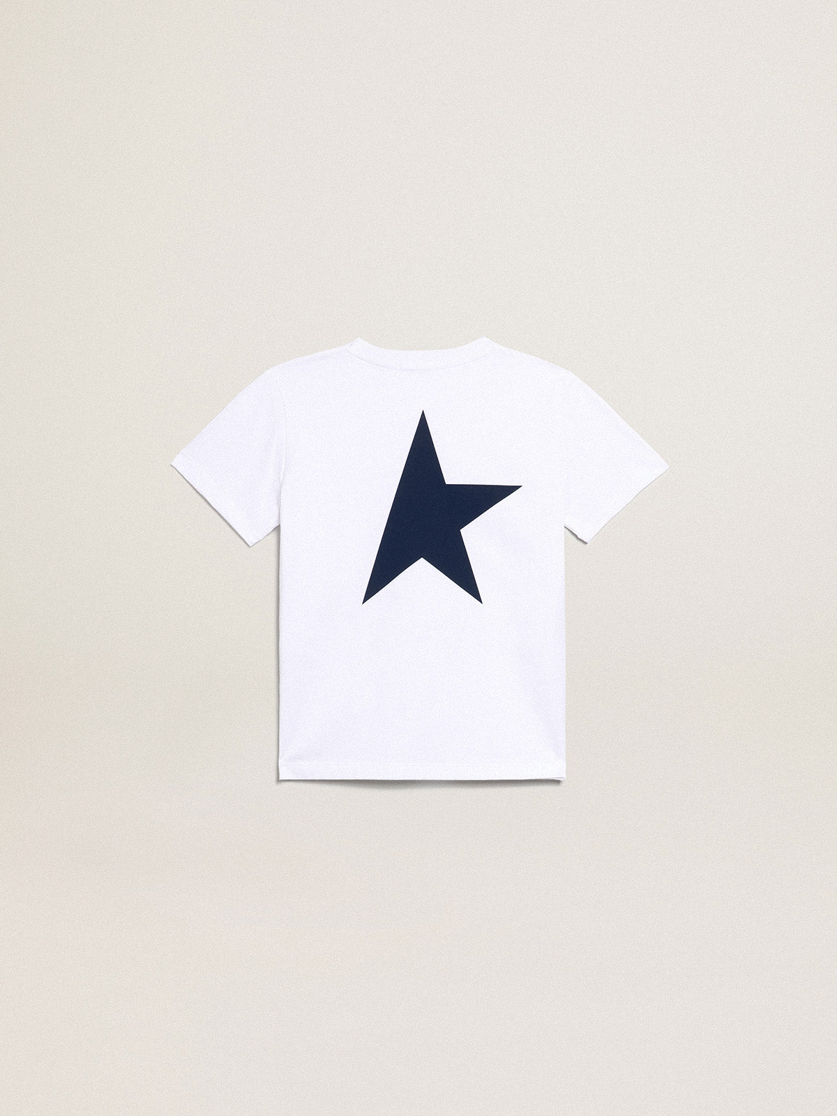 Boys' white T-shirt with contrasting dark blue logo and star| Golden Goose