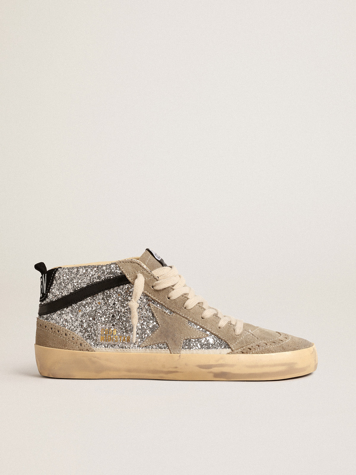 Mid Star in silver glitter with suede star and black flash| Golden Goose