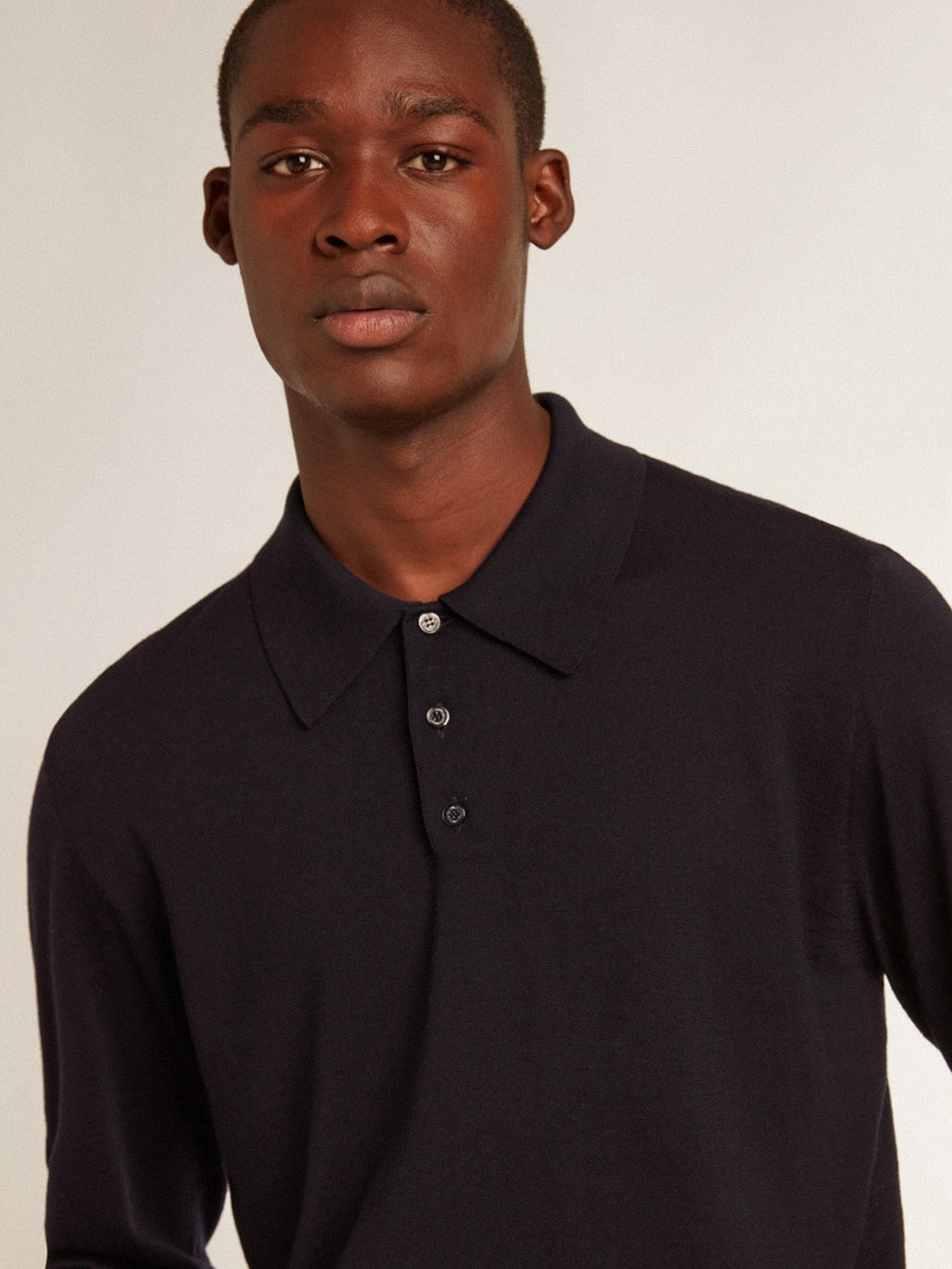 Men's long-sleeved polo shirt in navy-blue merino wool| Golden Goose