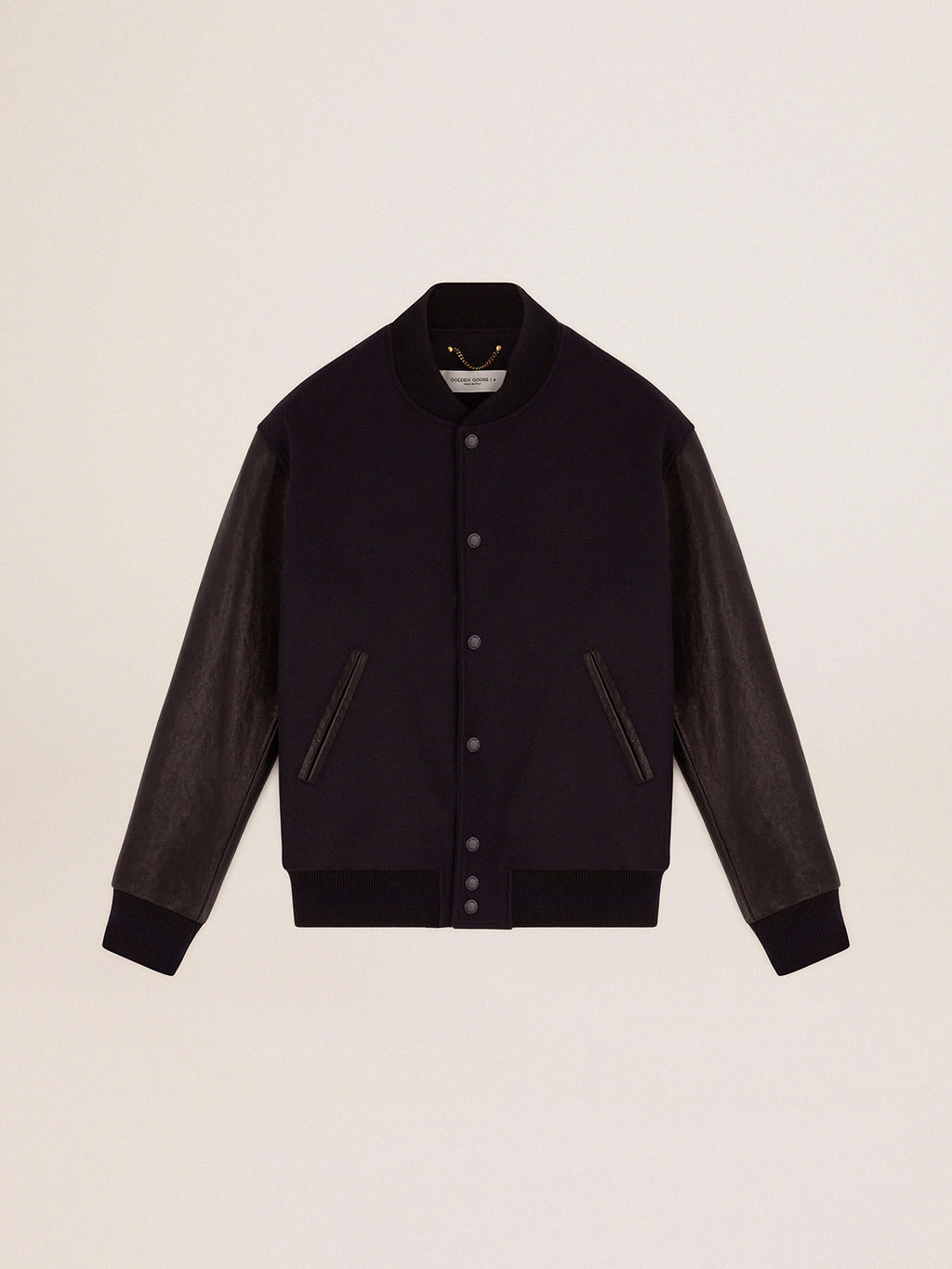 Men's bomber jacker in blue wool and black leather| Golden Goose