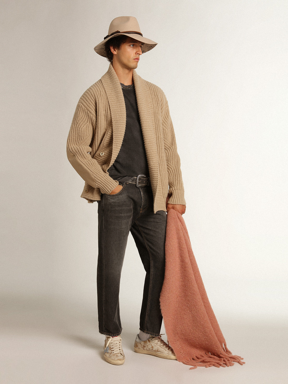 Men's double-breasted beige wool cardigan with leather patches| Golden Goose