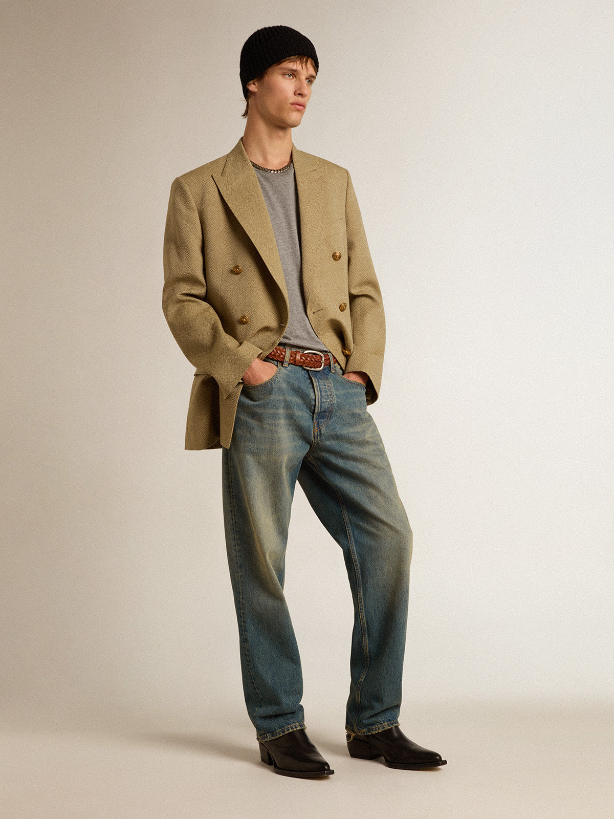Men's pale beech-colored double-breasted blazer| Golden Goose