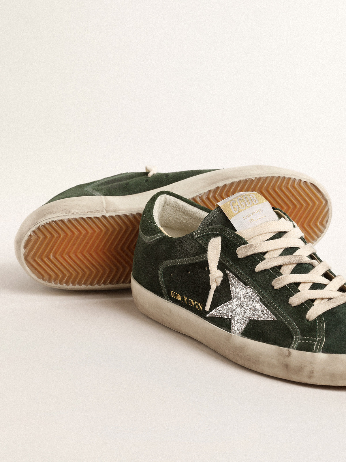 Super-Star LTD in green suede with silver glitter star| Golden Goose