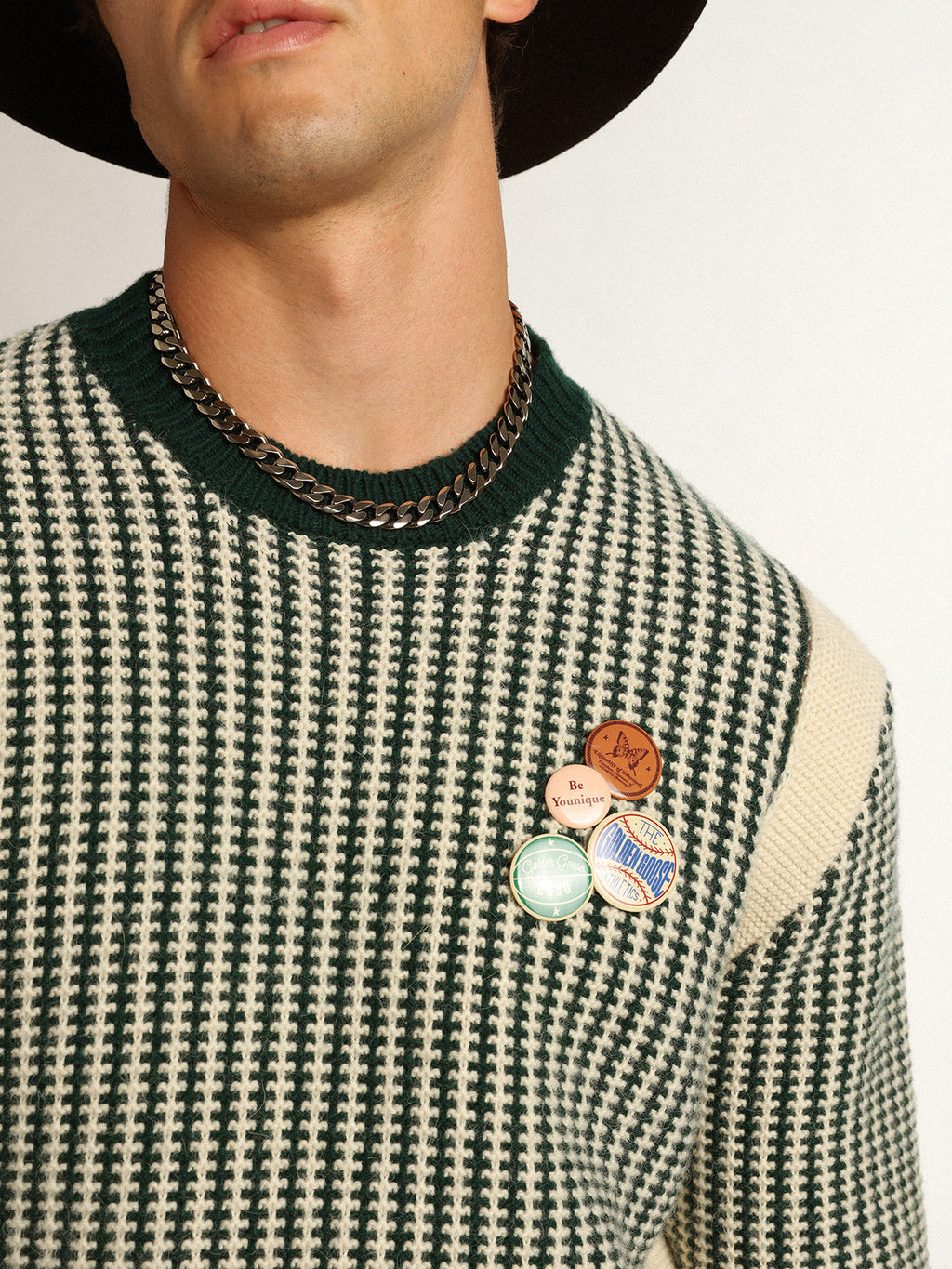 Men's round-neck sweater in two-tone white and green wool| Golden Goose