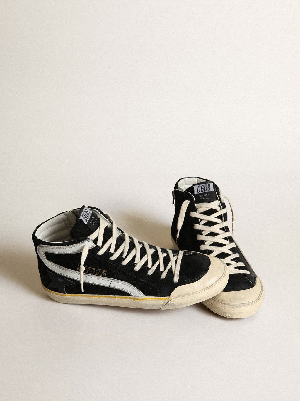 Men's Slide Penstar in black suede with black star and white flash| Golden Goose