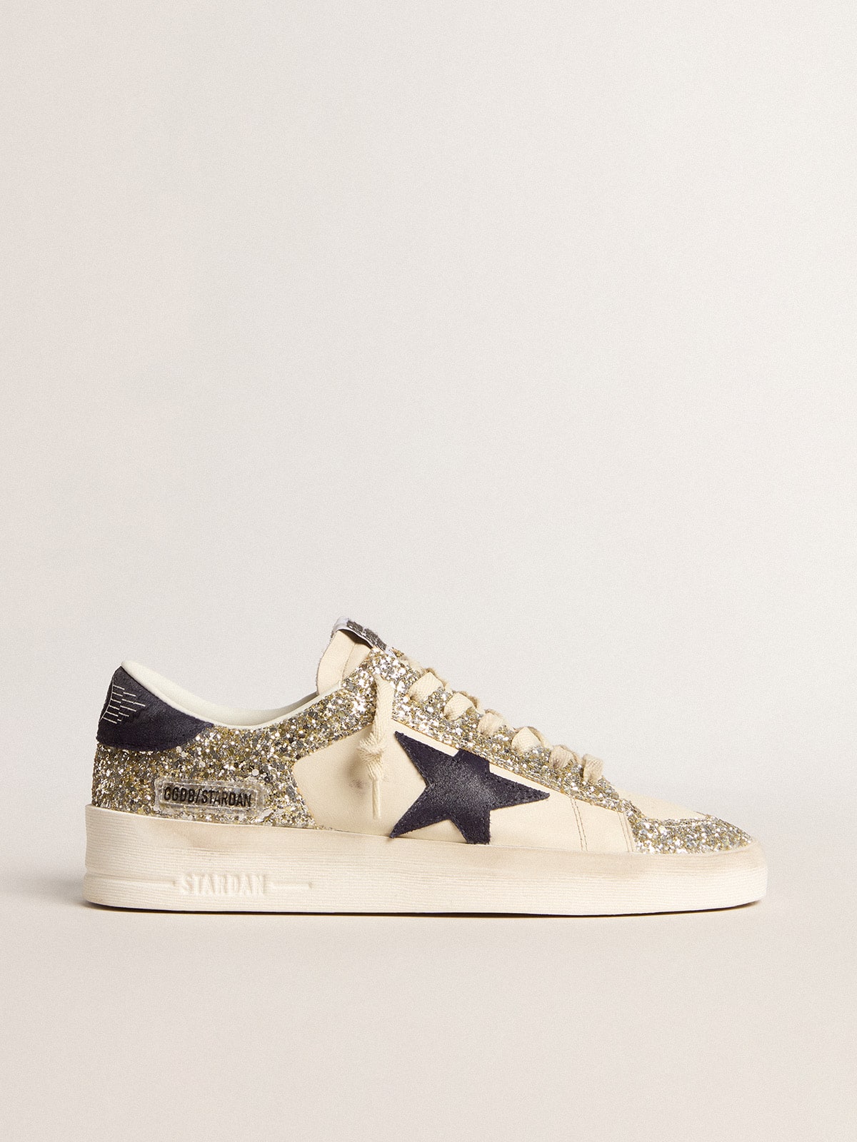 Women's Stardan in platinum glitter with dark blue suede star and heel tab| Golden Goose