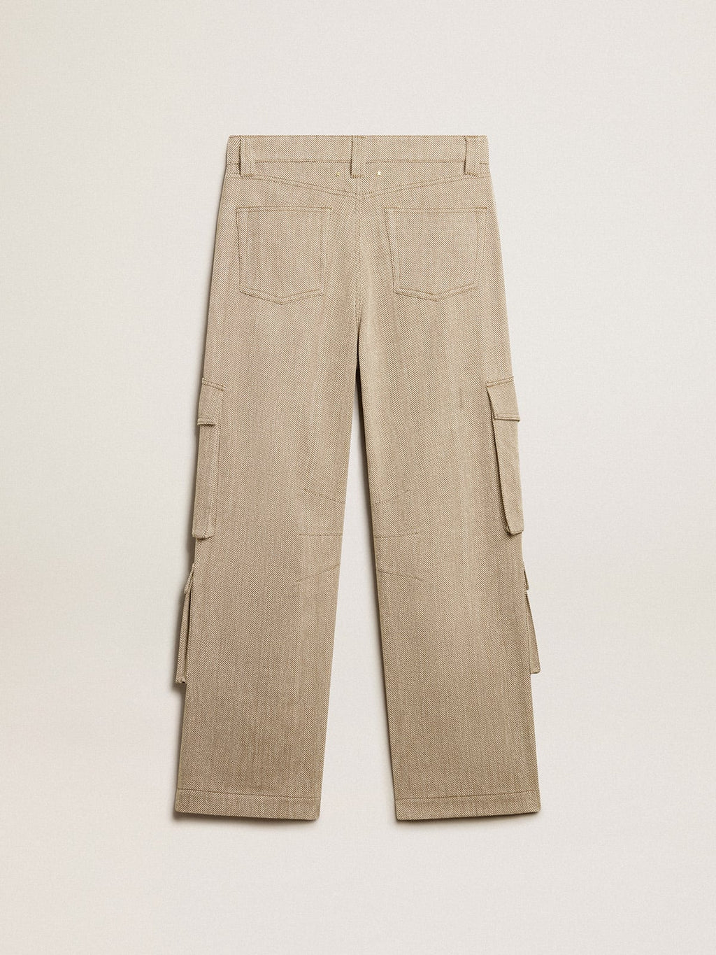 Women's dark olive-colored cotton cargo pants with a herringbone design