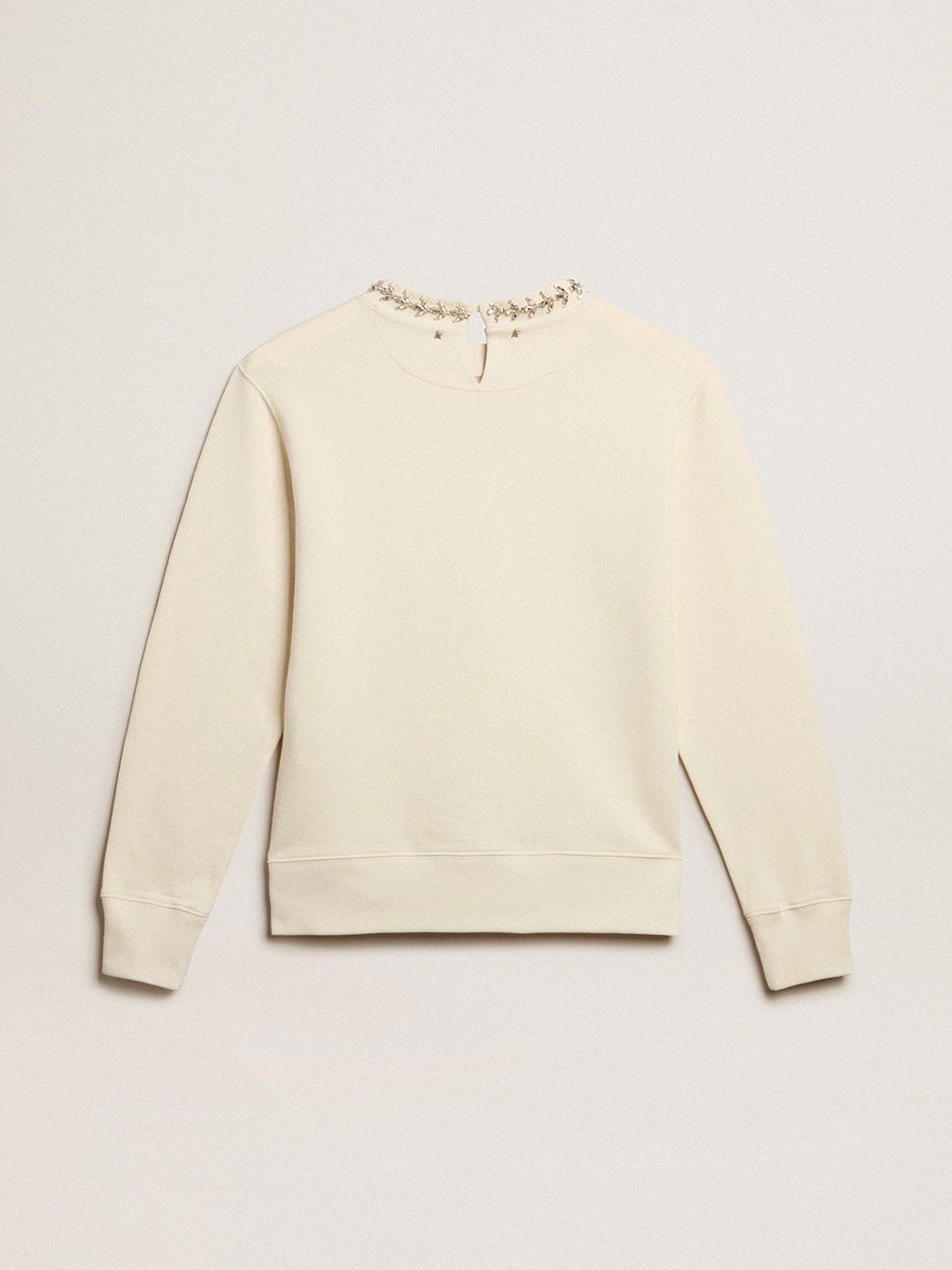 Round-neck cotton sweatshirt in aged white with hand-applied crystals| Golden Goose