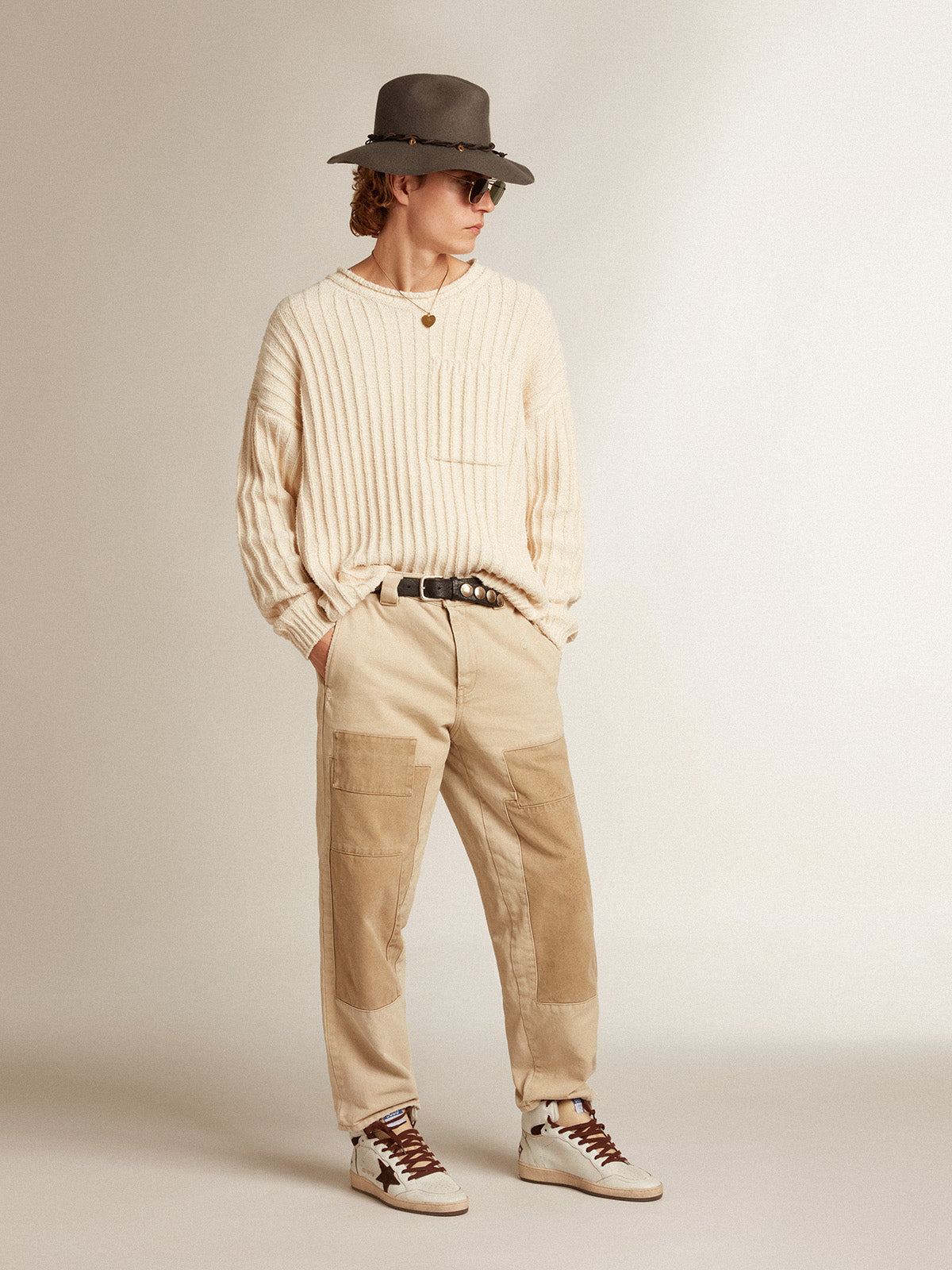 Round-neck sweater in papyrus-colored cotton-blend yarn| Golden Goose