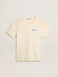 Aged white cotton T-shirt with blue Marathon logo| Golden Goose