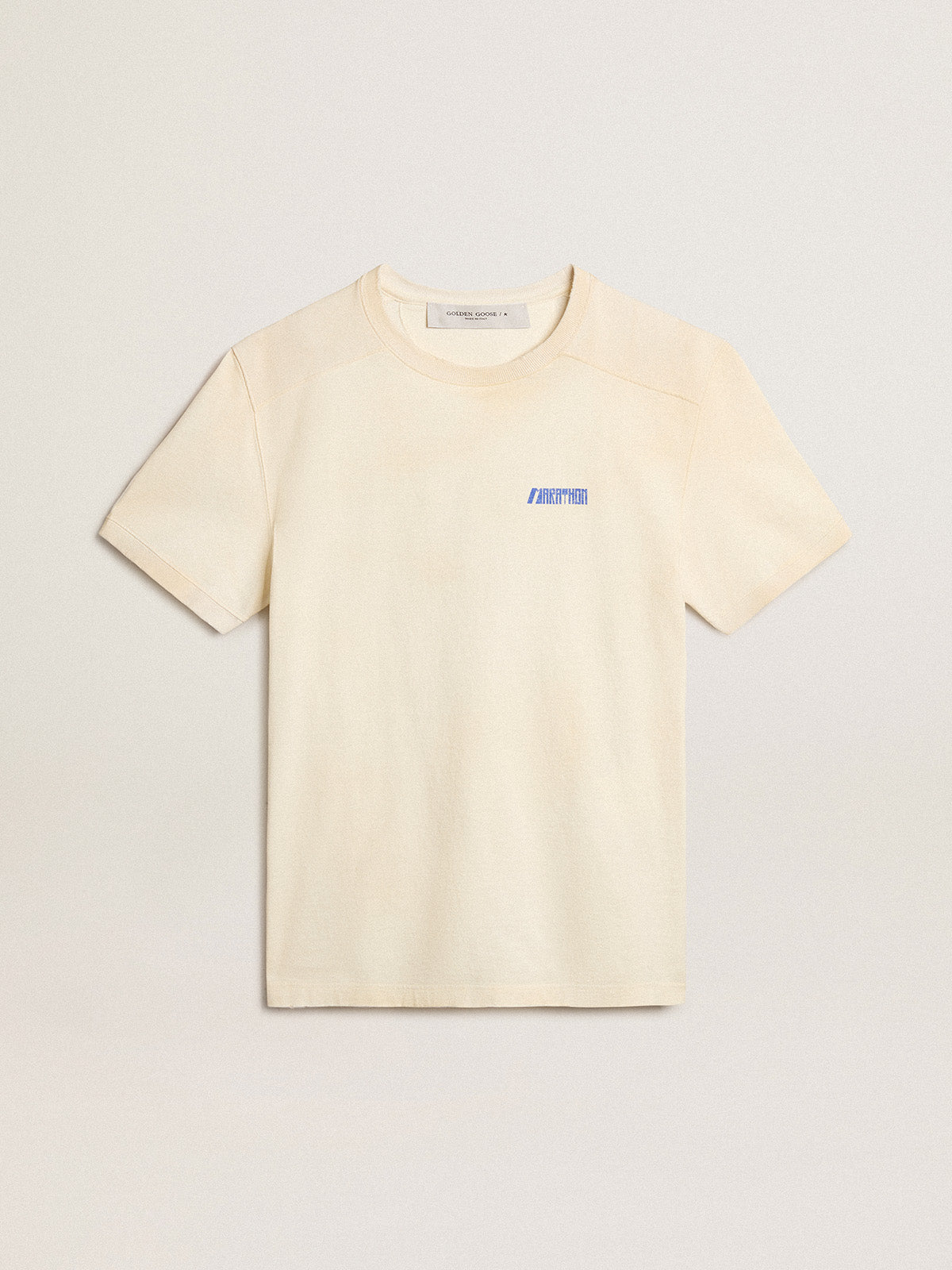 Aged white cotton T-shirt with blue Marathon logo| Golden Goose