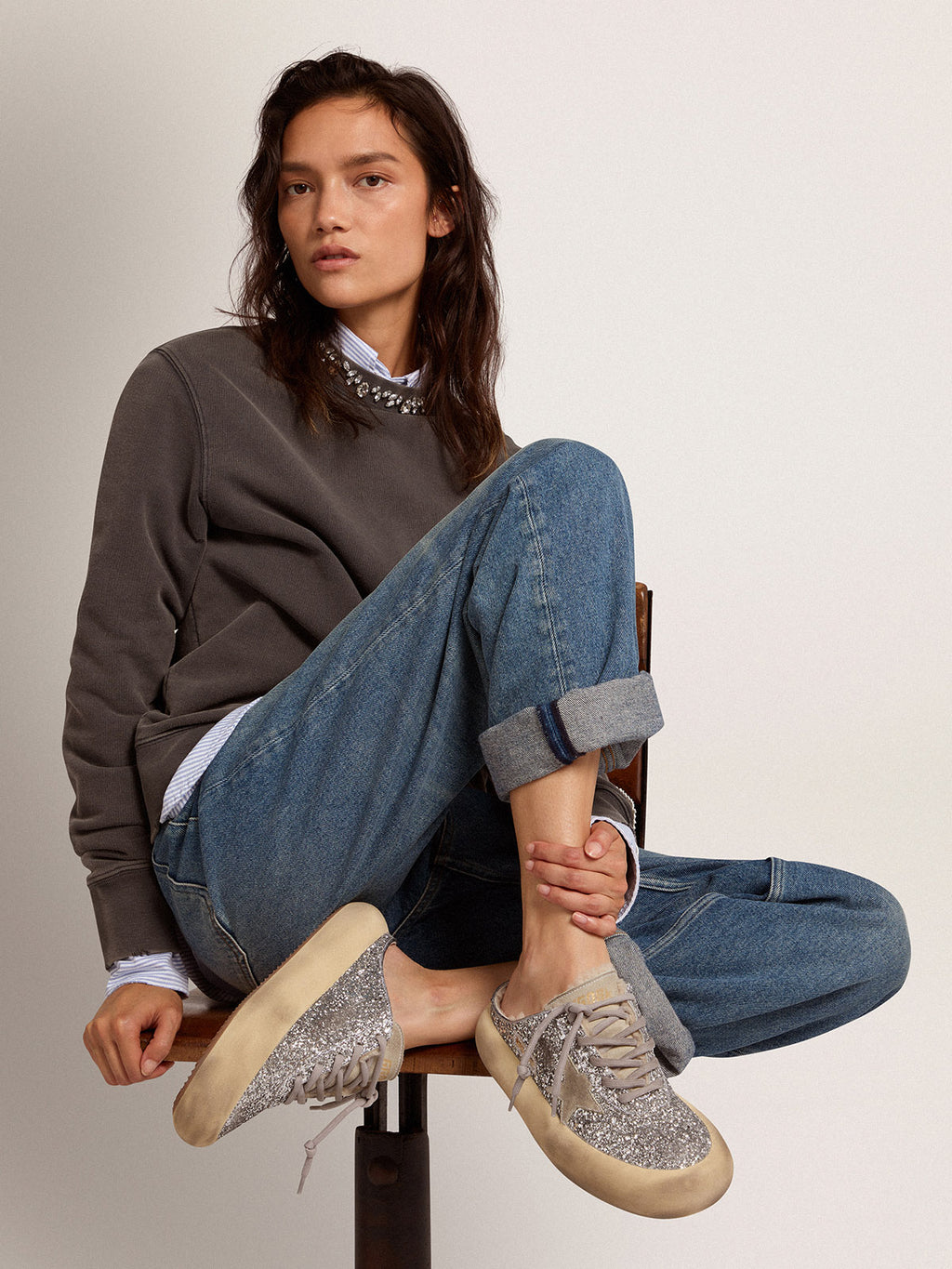 Women's Space-Star Sabot in silver glitter and shearling lining| Golden Goose