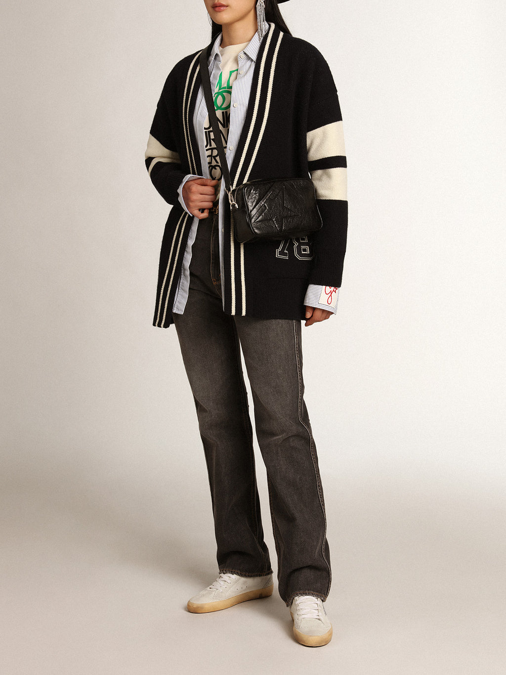 Women's blue cardigan with belt at the waist and lettering on the back| Golden Goose