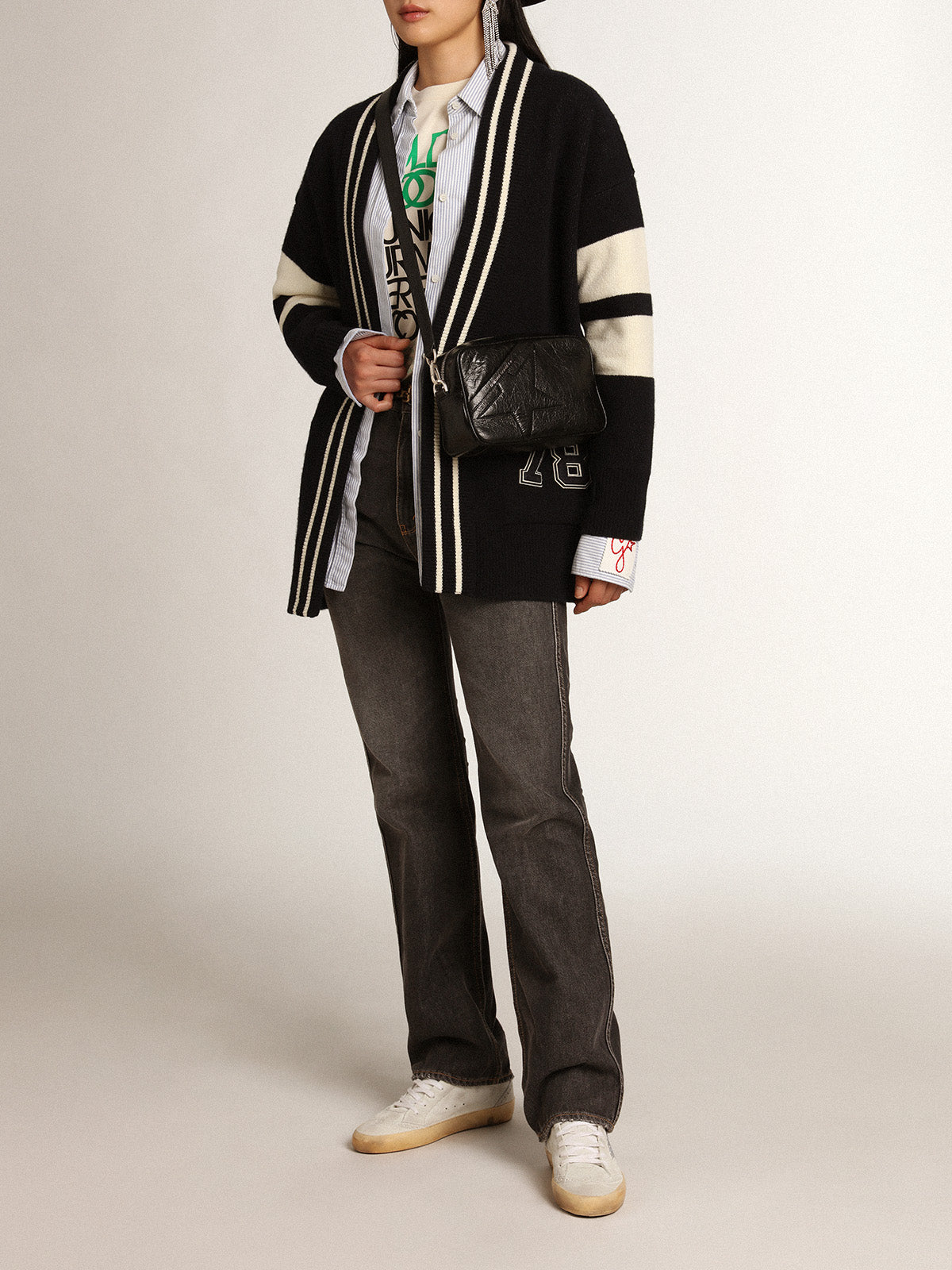Women's blue cardigan with belt at the waist and lettering on the back| Golden Goose