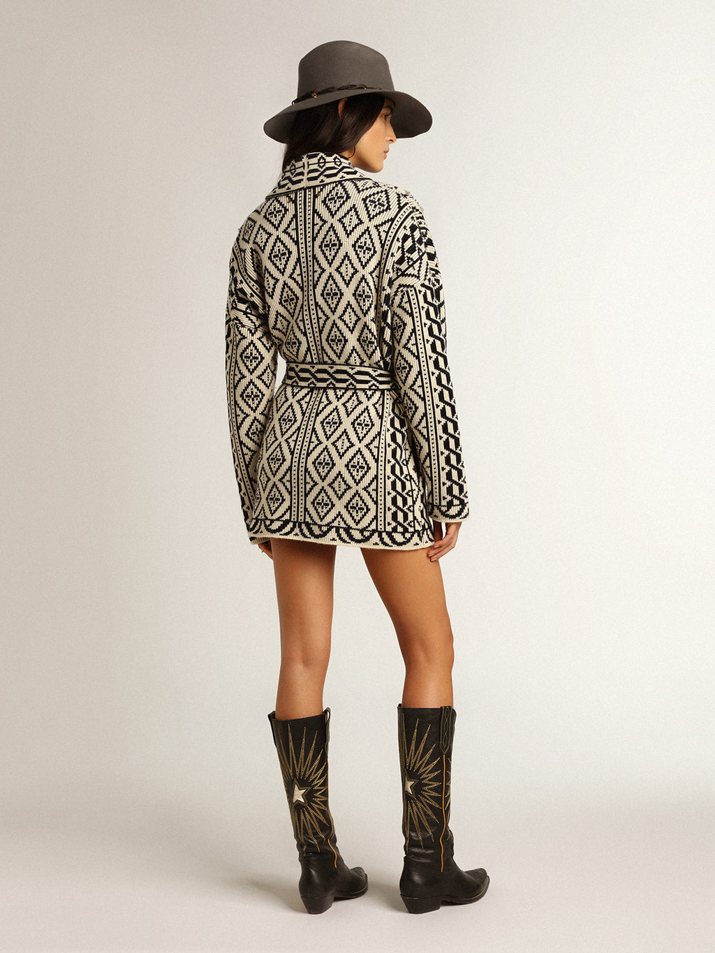 Cardigan in papyrus-colored wool with jacquard motif and crystals| Golden Goose