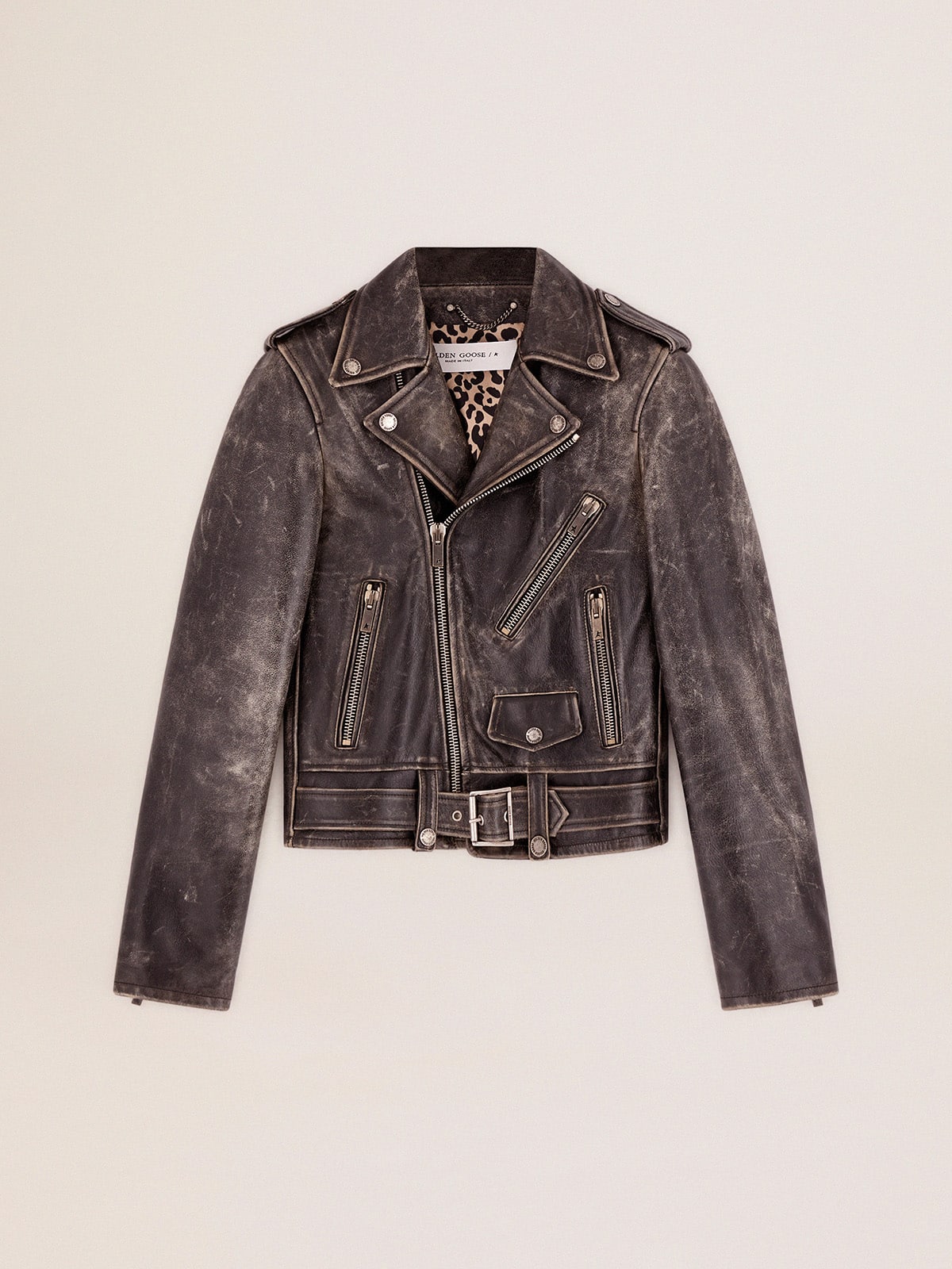 Women's black leather biker jacket| Golden Goose