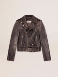 Women's black leather biker jacket| Golden Goose