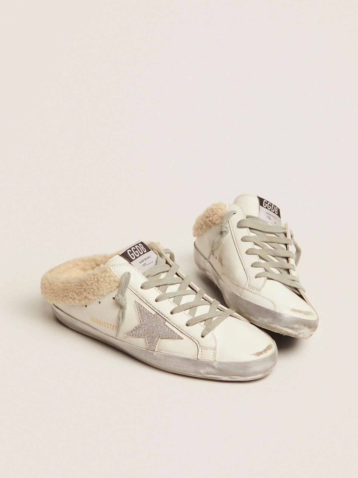 Super-Star Sabots in white leather with shearling lining| Golden Goose