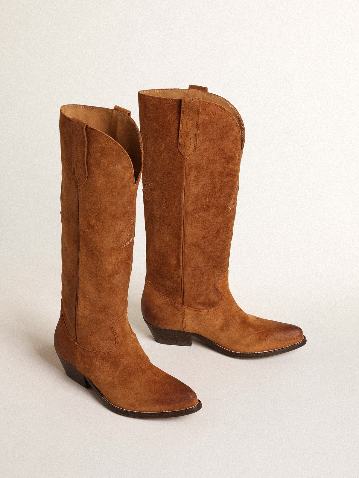 Wish Star boots in cognac suede with tone-on-tone inlay star| Golden Goose