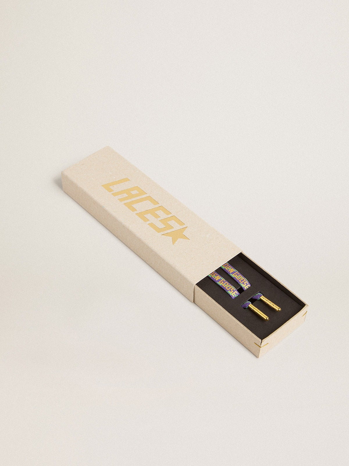 Neon green and purple cotton laces with contrast gold lettering| Golden Goose