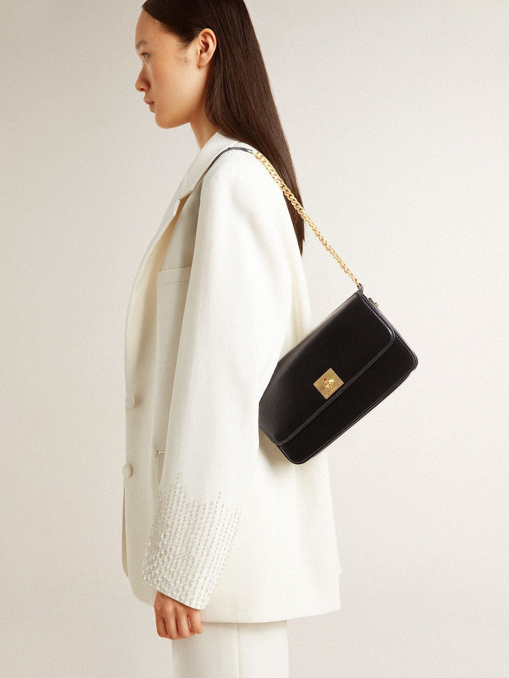 Gioia Bag in black boarded leather with gold details| Golden Goose