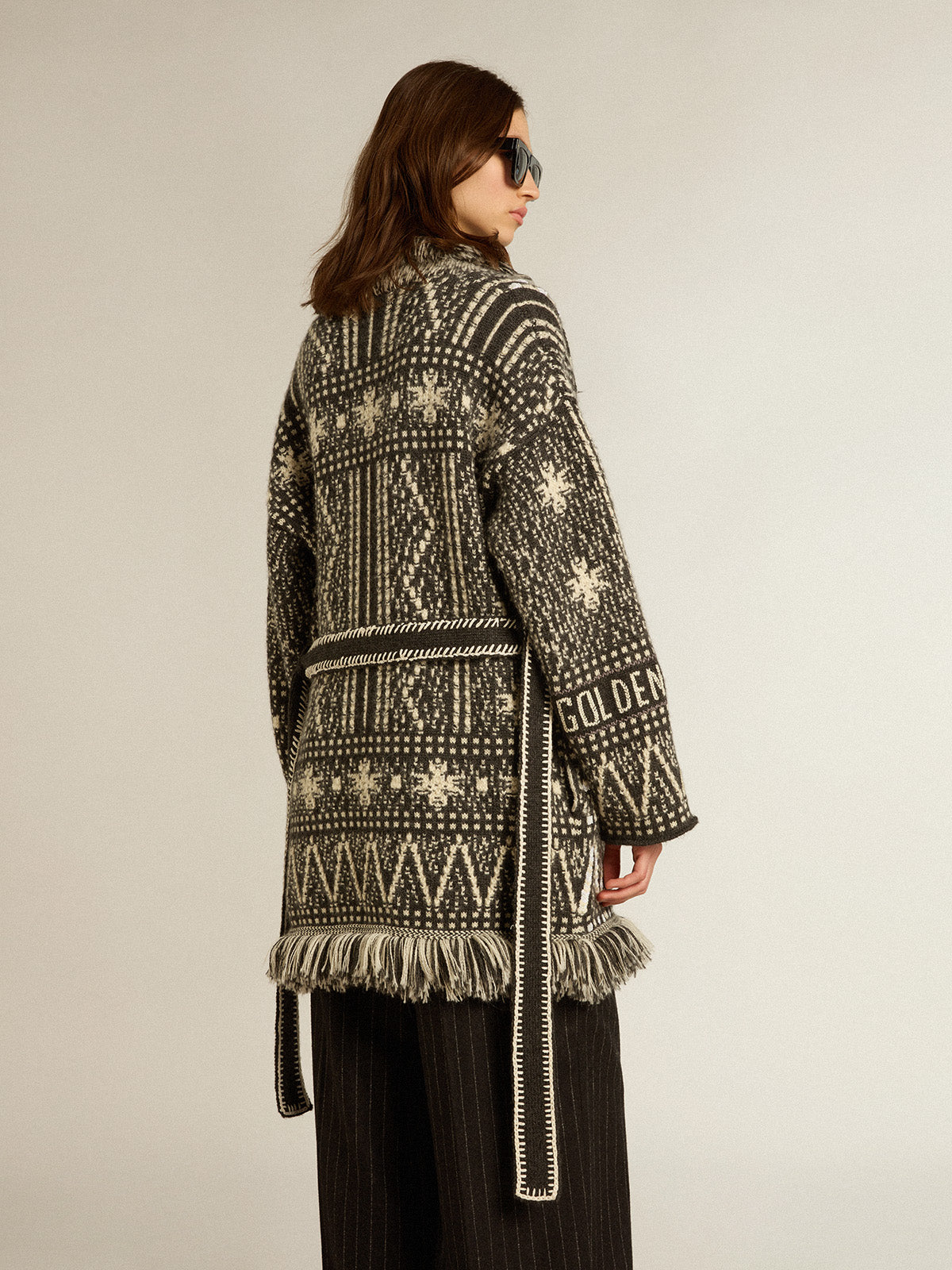 Cardigan with belt and dark gray Fair Isle pattern| Golden Goose