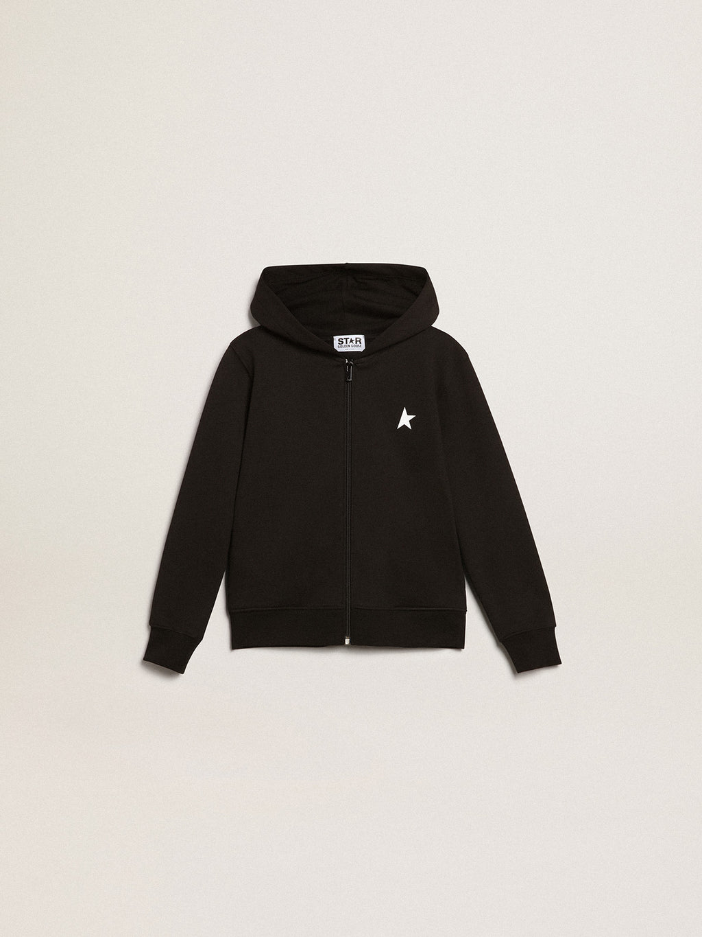 Black hooded sweatshirt with contrasting white star and logo| Golden Goose
