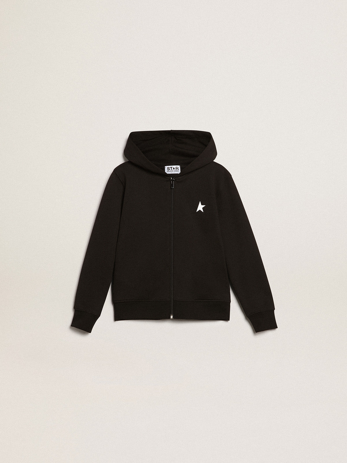 Black hooded sweatshirt with contrasting white star and logo| Golden Goose