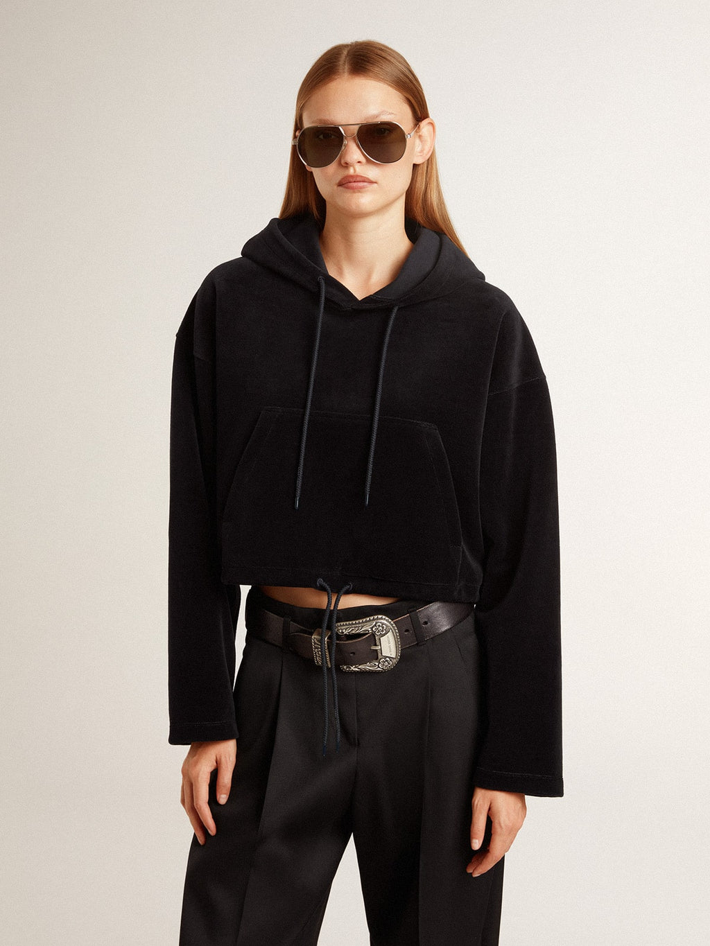 Women's black chenille sweatshirt with embroidery on the back| Golden Goose