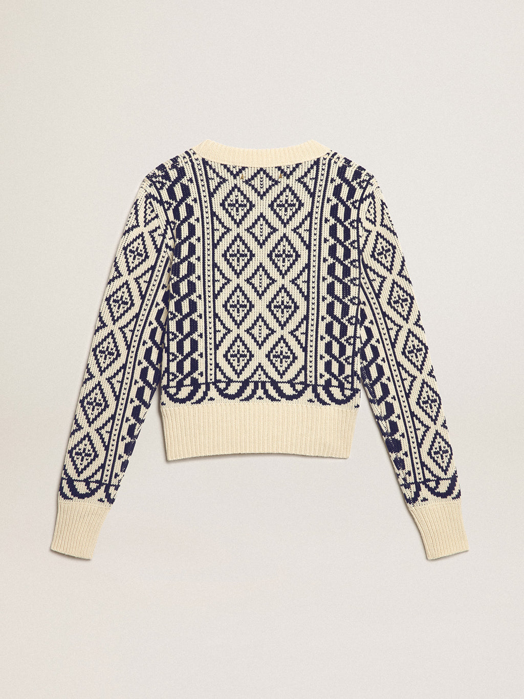 Cropped round-neck sweater with parchment and blue geometric pattern| Golden Goose