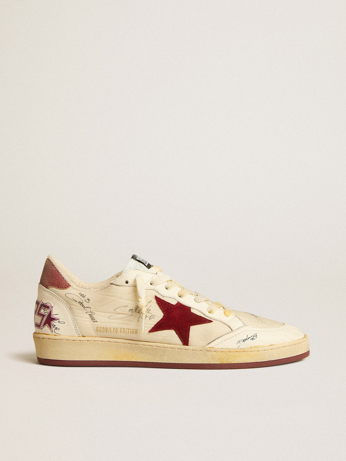 Ball Star LTD in nylon with pomegranate suede star and leather heel tab| Golden Goose