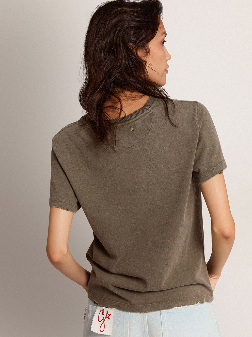 Olive-green regular-fit T-shirt with Golden lettering on the front| Golden Goose