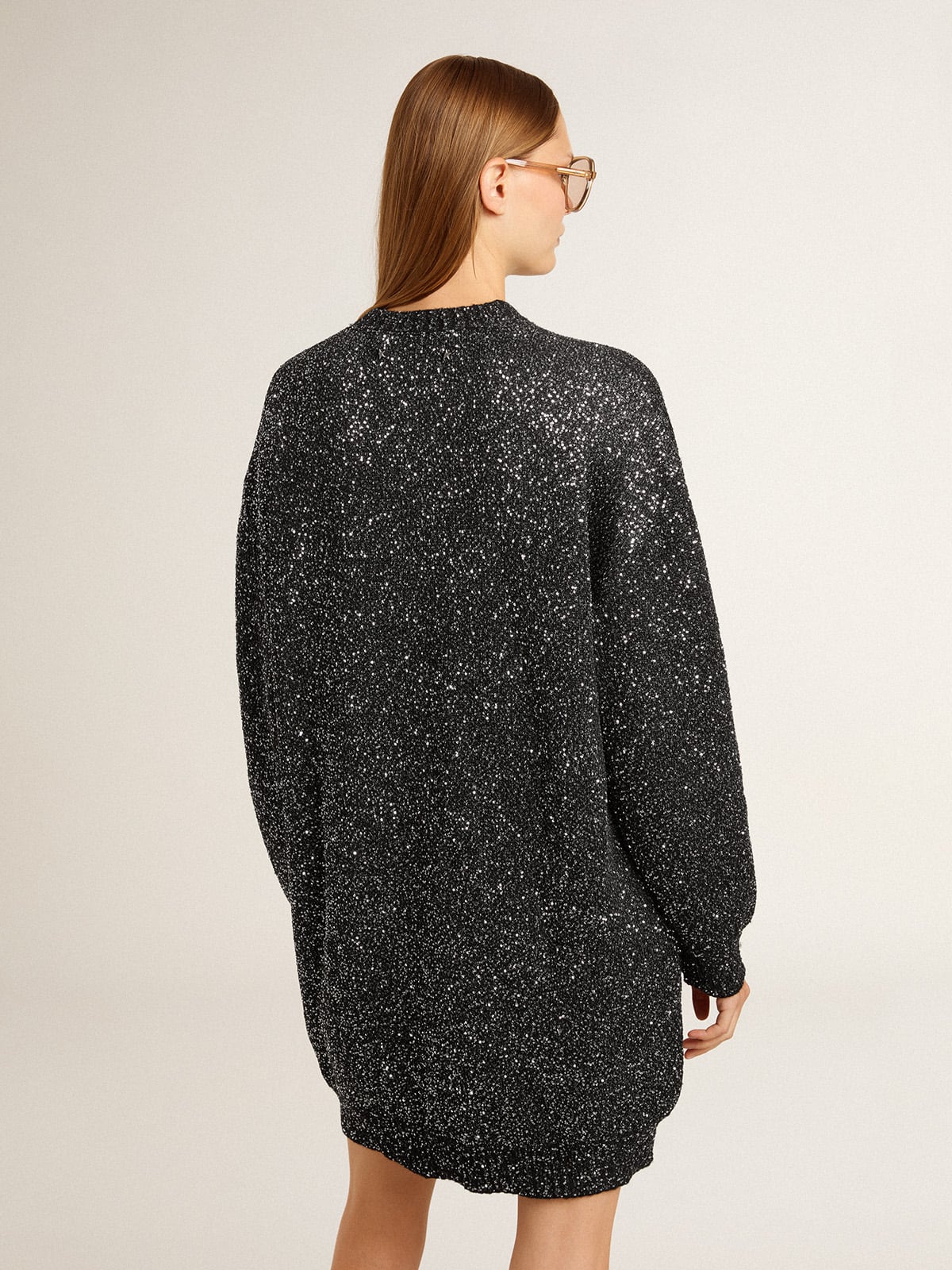 Women's black crew neck dress with all-over silver sequins| Golden Goose