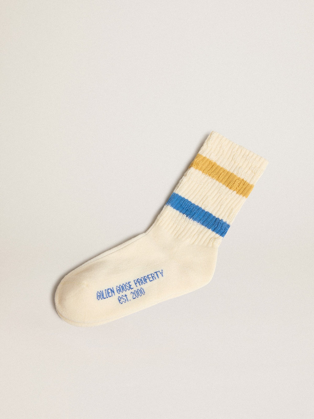 Worn white Kids socks with distressed details and two-tone bright blue and mustard stripes| Golden Goose