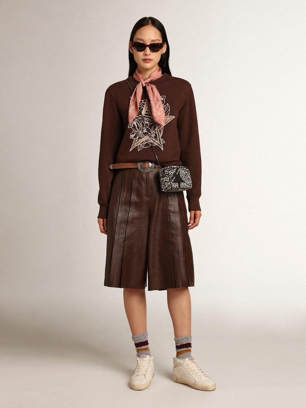 Women's belt in dark brown leather with silver studs| Golden Goose