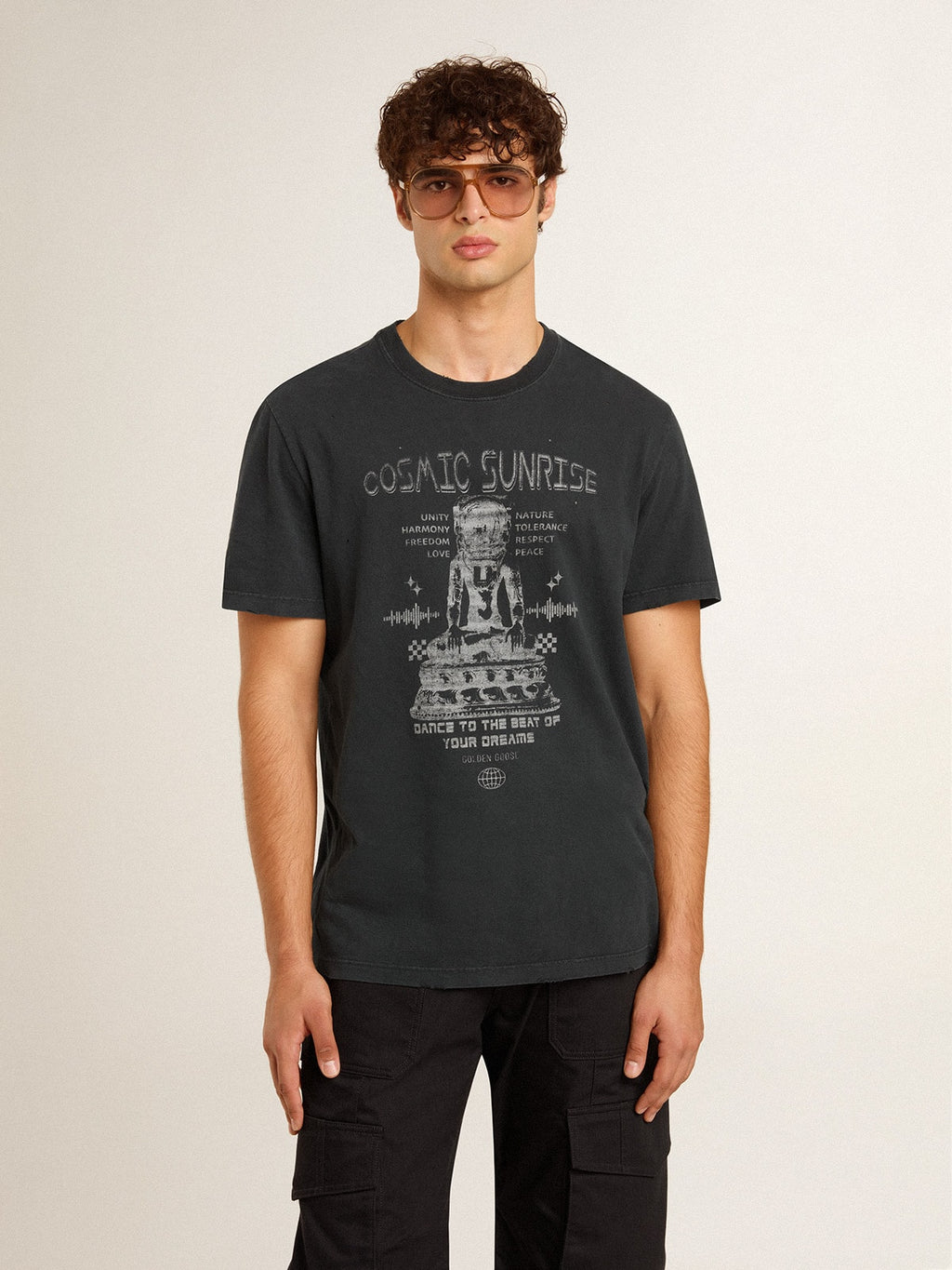 Men's worn-black cotton T-shirt with print on the front| Golden Goose