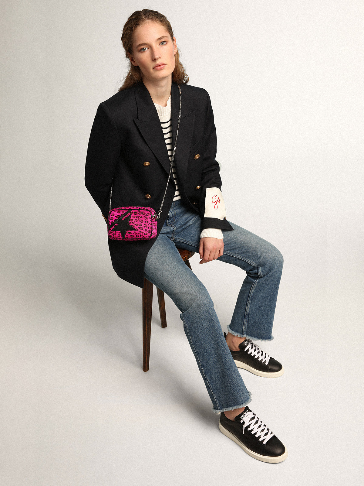 Mini Star Bag in fuchsia leopard-print pony skin with black leather star| Golden Goose