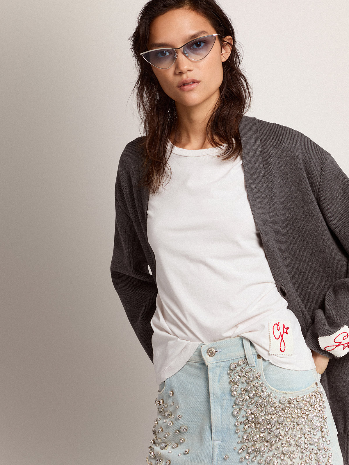 Women's bleached jeans with cabochon crystals| Golden Goose