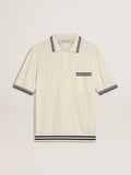 Men's worn-white knitted polo shirt with blue ribbing| Golden Goose