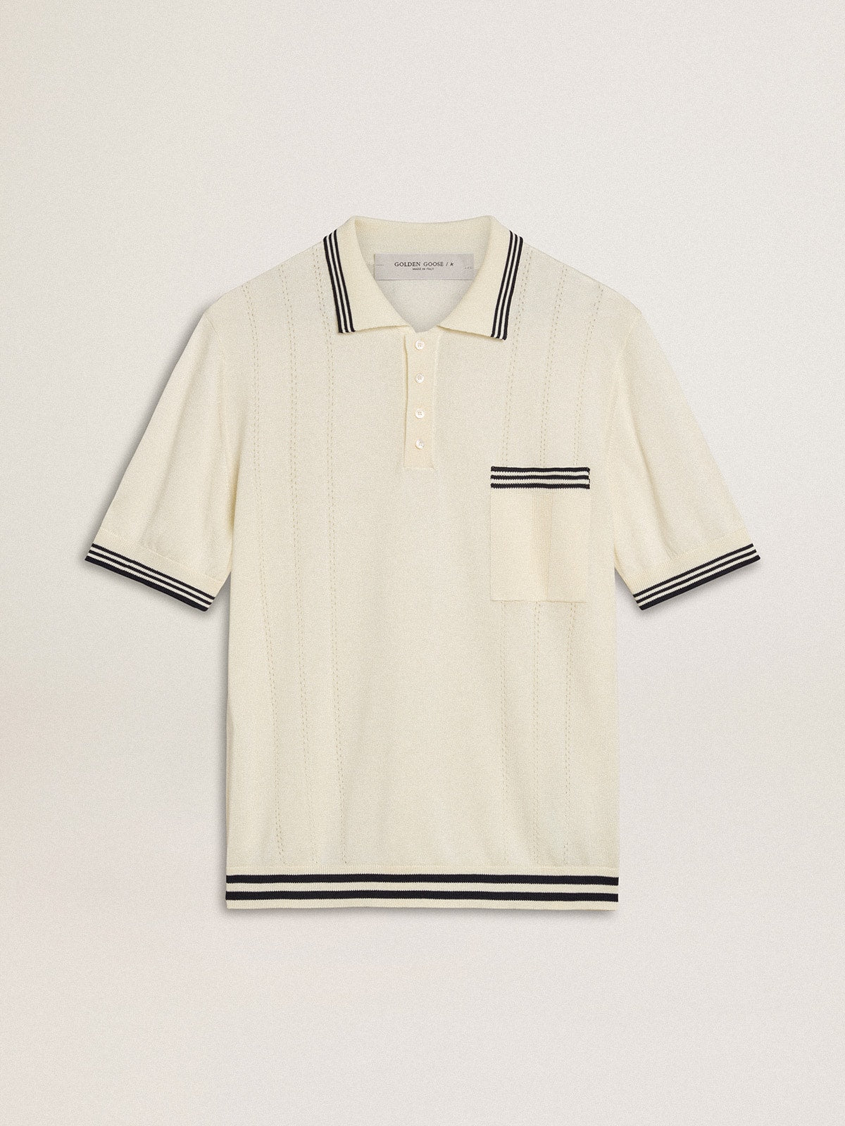 Men's worn-white knitted polo shirt with blue ribbing| Golden Goose