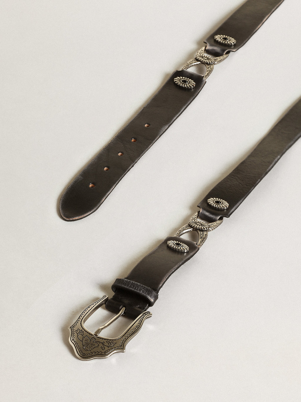 Women's belt in black leather with silver decorations| Golden Goose