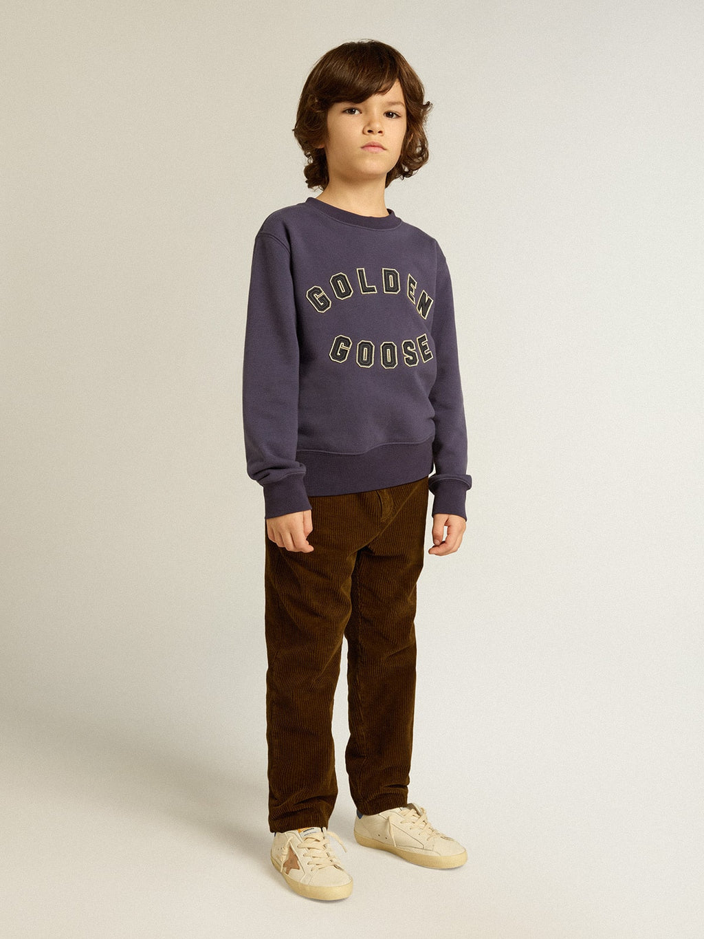 Blue-violet sweatshirt with Golden Goose lettering on the front| Golden Goose
