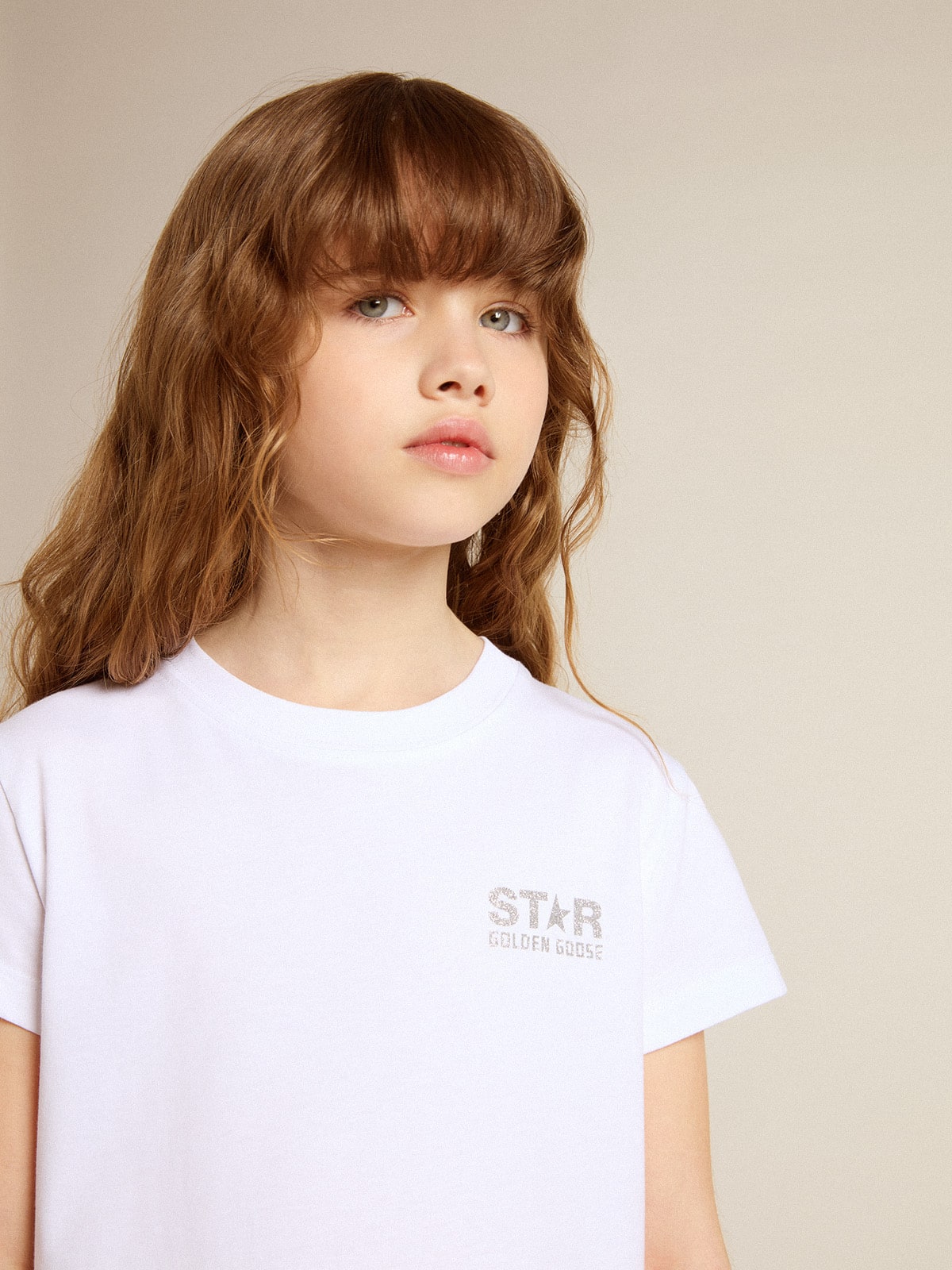 White and silver T-shirt with logo and maxi star in silver glitter| Golden Goose