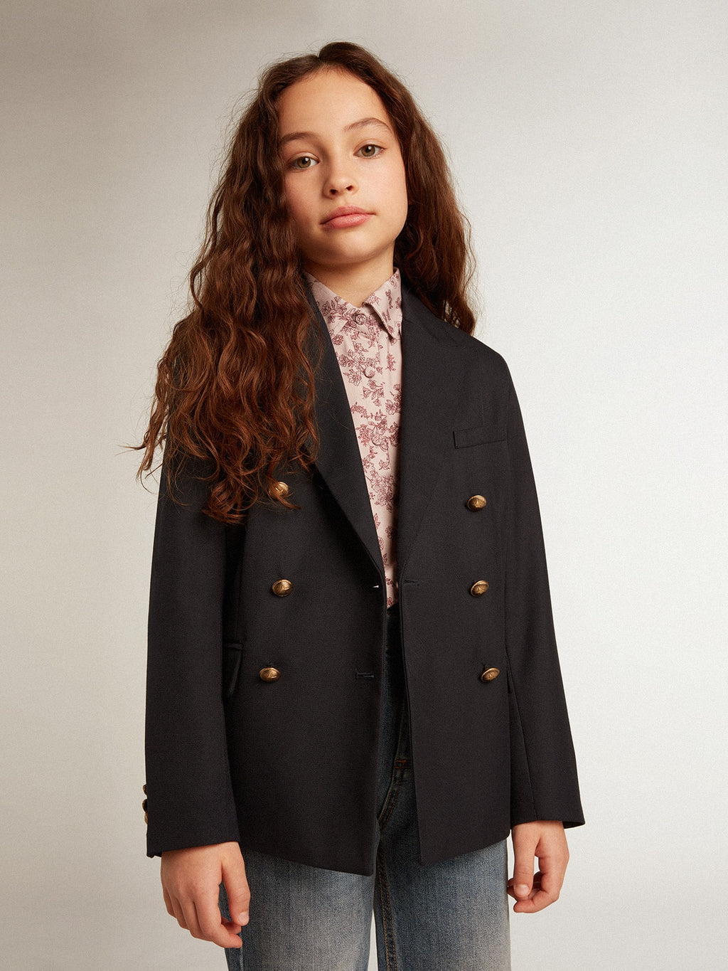 Boys' dark blue double-breasted buttoned blazer| Golden Goose