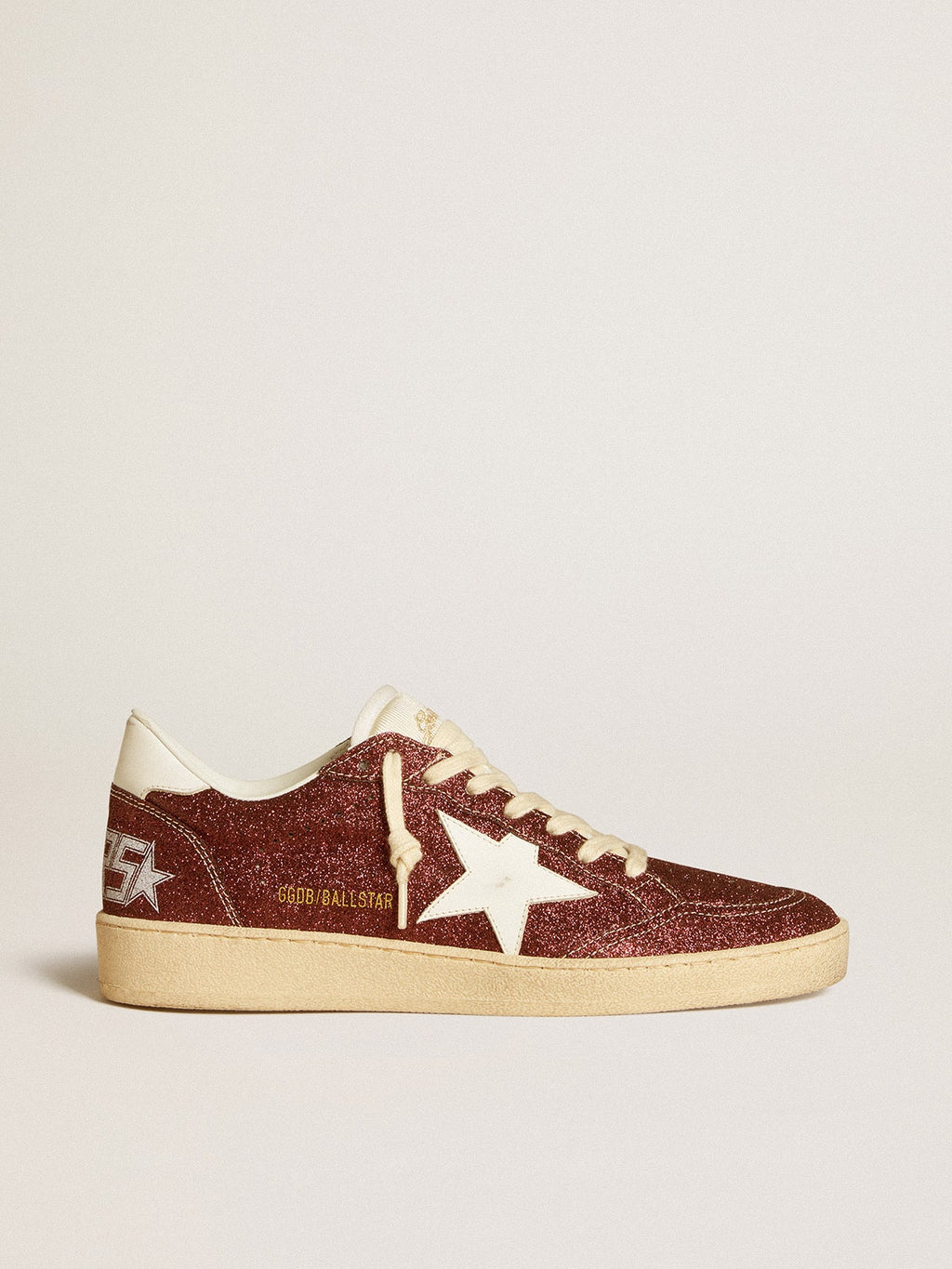 Ball Star in burgundy glitter with white leather star and heel tab| Golden Goose